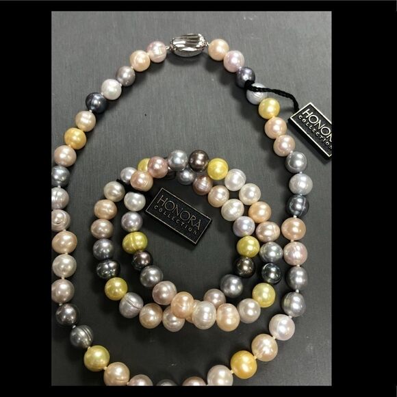 Honora Cultured Pearl Necklace & Bracelet Set 925 - Picture 3 of 4